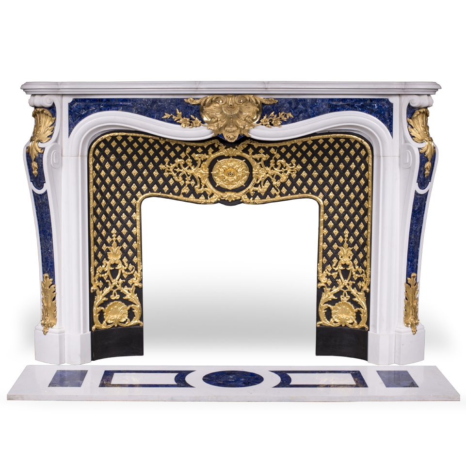 Maison & Maison, créateur de cheminées haut de gamme, vous invite à personnaliser votre cheminée Païva en marbre à marqueterie de lapis lazuli et bronze doré, cheminée sur mesure réalisée à la commande.